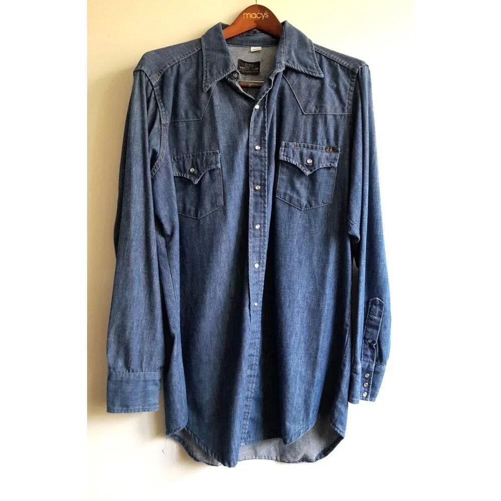 Vtg 70s 80s Sears Mens Western Wear Cowboy Trucker Pearl Snap XLT Denim Shirt